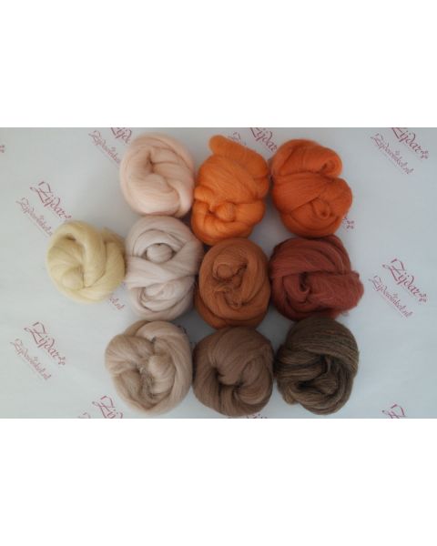 Sample set Brown/Orange, 25 gram van iedere lontwol kleur (10 totaal)