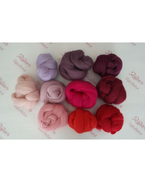 Sample set Purple/Red, 25 gram van iedere lontwol kleur (10 totaal)